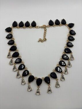 Gold Tone Navy And Crystal Dangle Formal Bib Collar Statement Necklace Prom